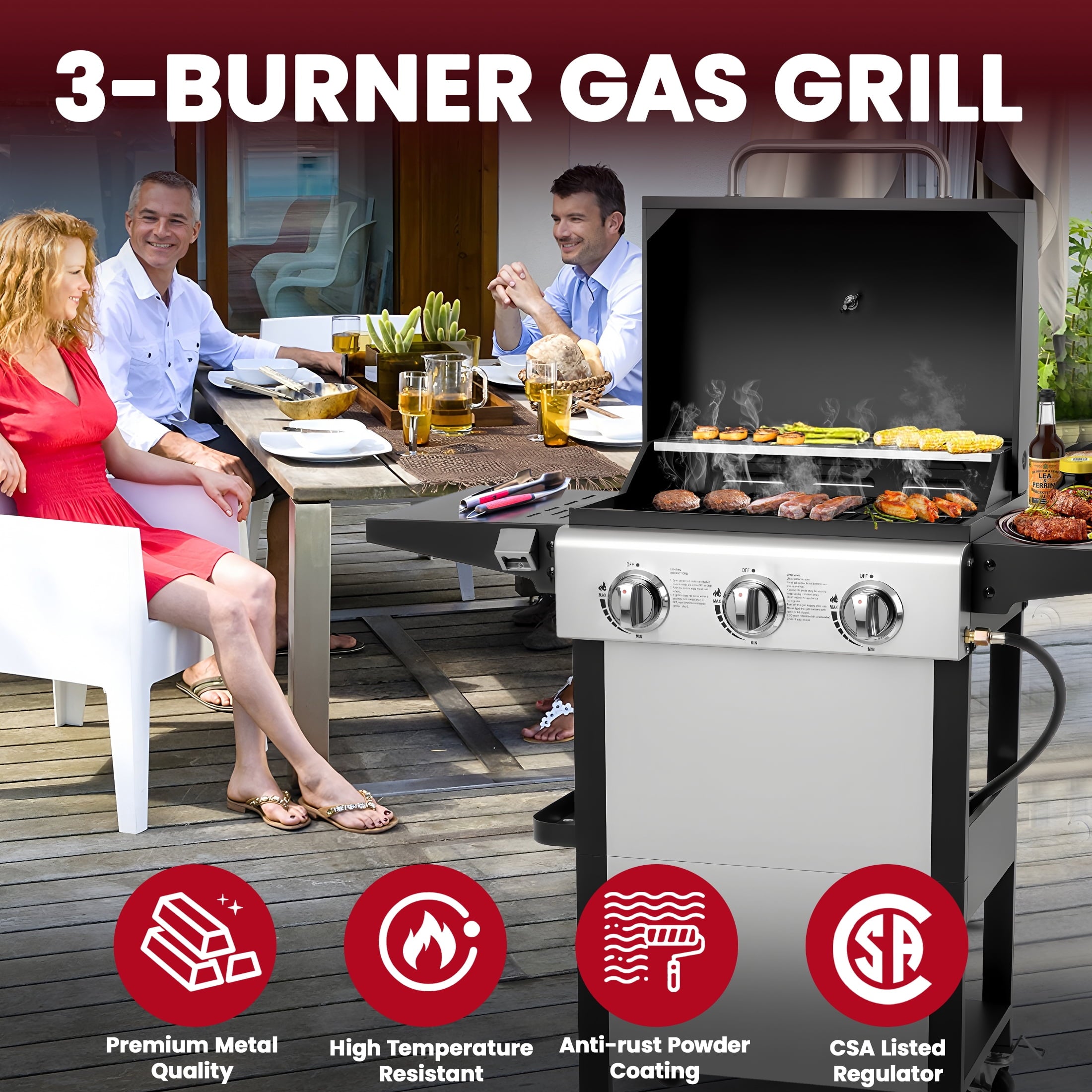 Enyopro 3-Burner Propane Gas Grill, 30000 BTU BBQ Grill with Foldable Side Table, Stainless Steel Warming Rack, Hooks, and Built-In Bottle Opener for Outdoor Barbecue Gas Grills