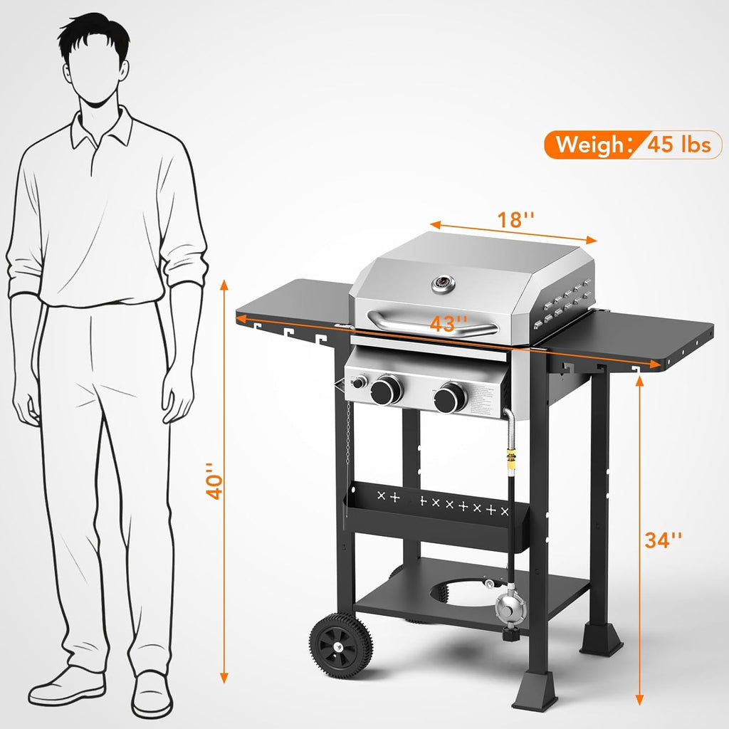 16000 BTU 2-Burner Propane Grill, Stainless Steel BBQ Grill with Cast Iron Frying Pan and Grates Combo, for Patio Backyard Outdoor Cooking WAA