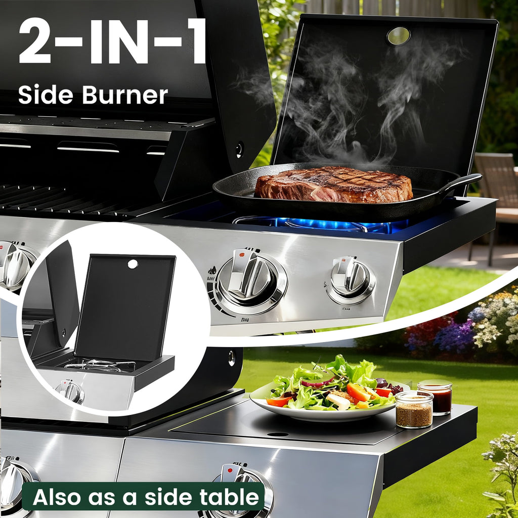 4-Burner BBQ Grill W/Side Burner, 50,000BTU Gas Propane Grill Portable with Storage Cabinet, Heavy-Duty Stainless Steel Outdoor Cooking, with Tank Hook, Towel Rack, Steel Brush Gas Grills