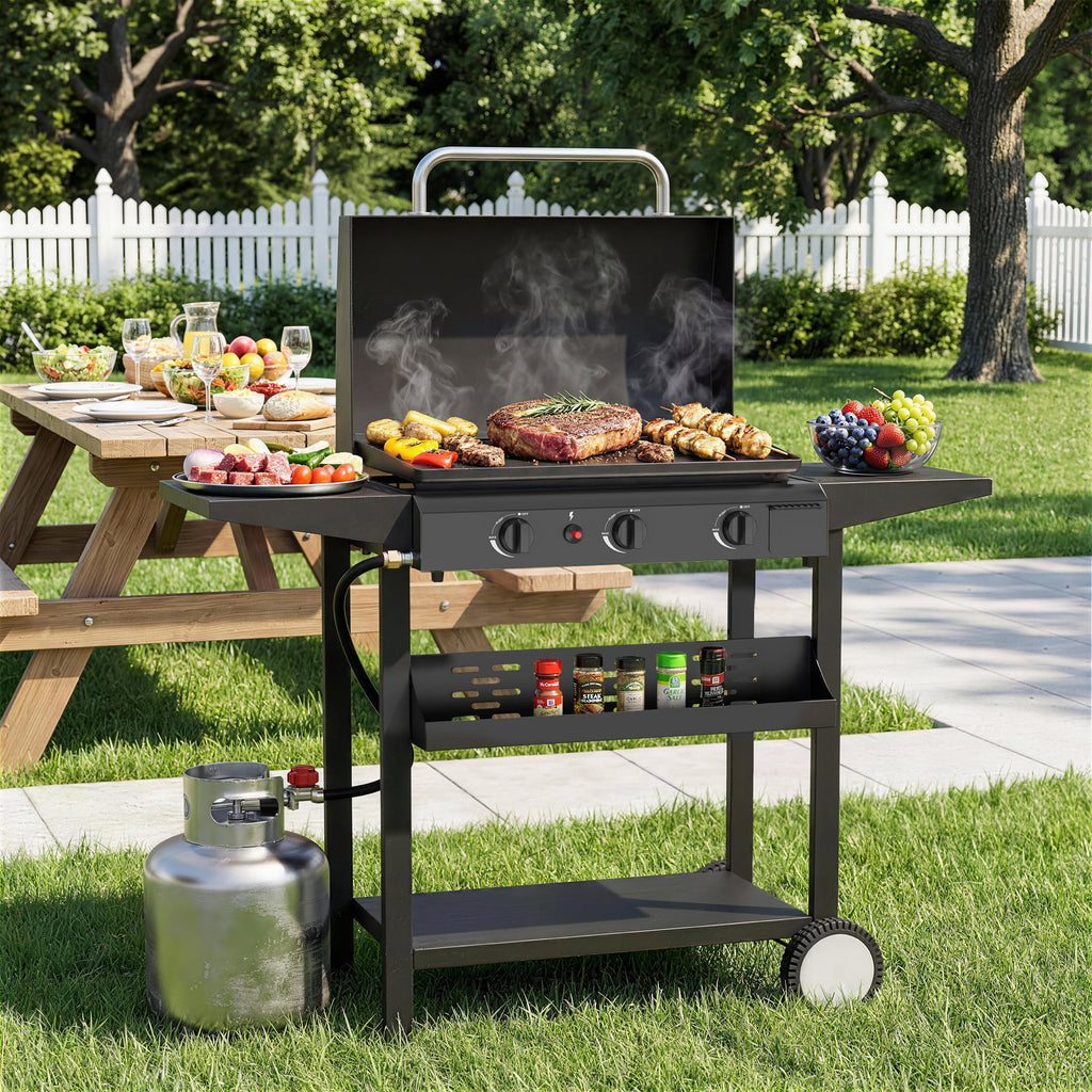 SKOK 23'' 45,000 BTUs Portable 3-Burner Propane Flat Top  Gas Propane Griddle with Hood for Camping Gas Grills
