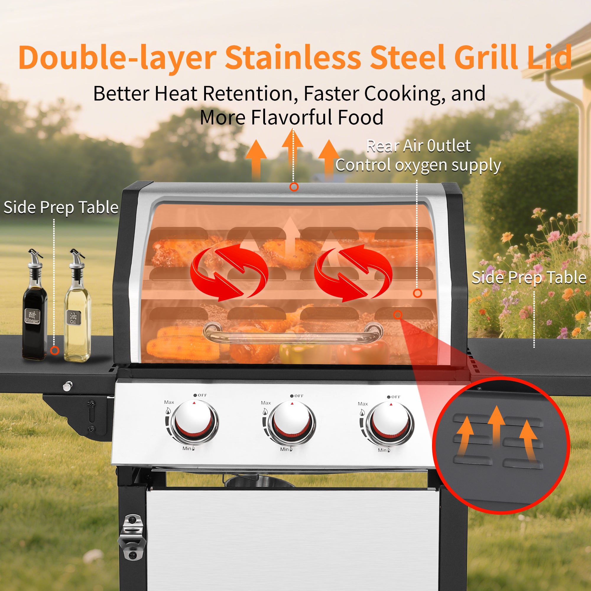 3-Burner Propane Gas Grill with 30,000 BTU Output - Double-layer Stainless Steel Grill Lid, Enamel Cooking Grate, Easy-Clean Grease Management & Even Heat Distribution for Perfect BBQs Born Free