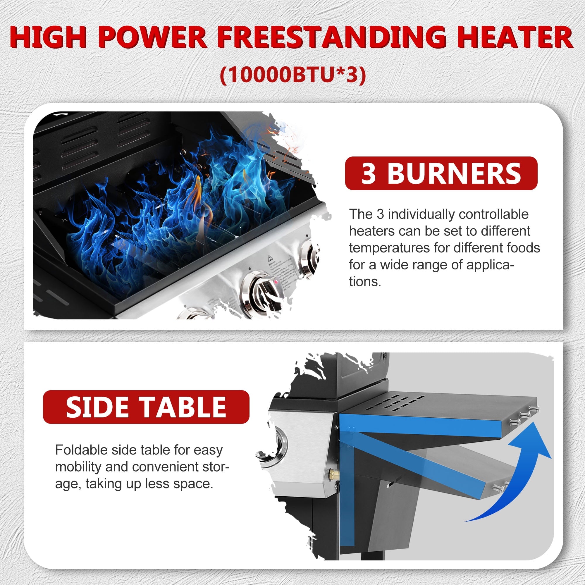 30000 BTU Gas Grill with 4 Universal Wheels, 3 Burners Outdoor BBQ Grill with Steel Brush & Thermometer for Outdoor Camping Gas Grills