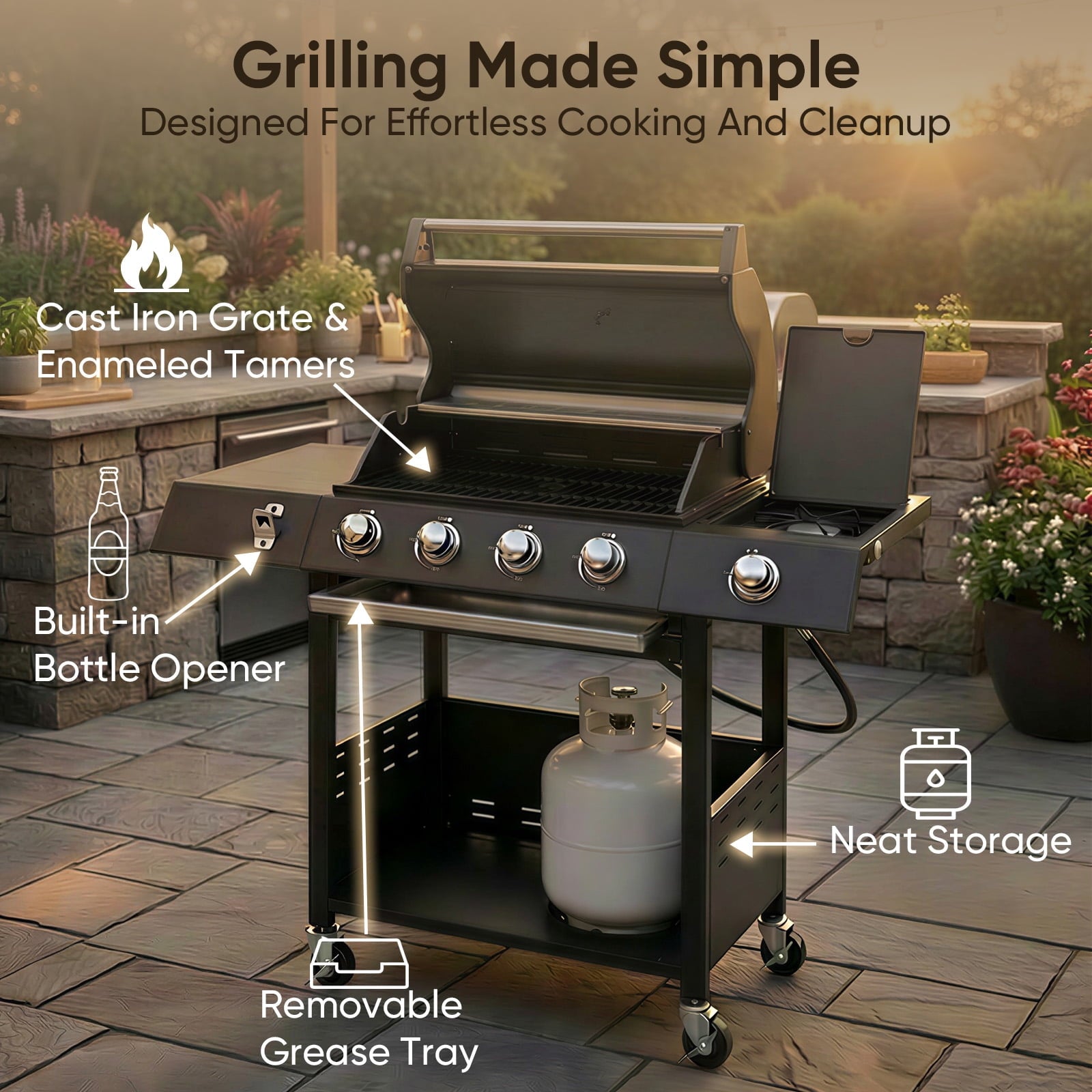 TABU 4-Burner Propane Gas Grill with Side Burner, 58,000 BTU Propane BBQ Grill with Storage Cabinet, Ideal for Outdoor Cooking TABU