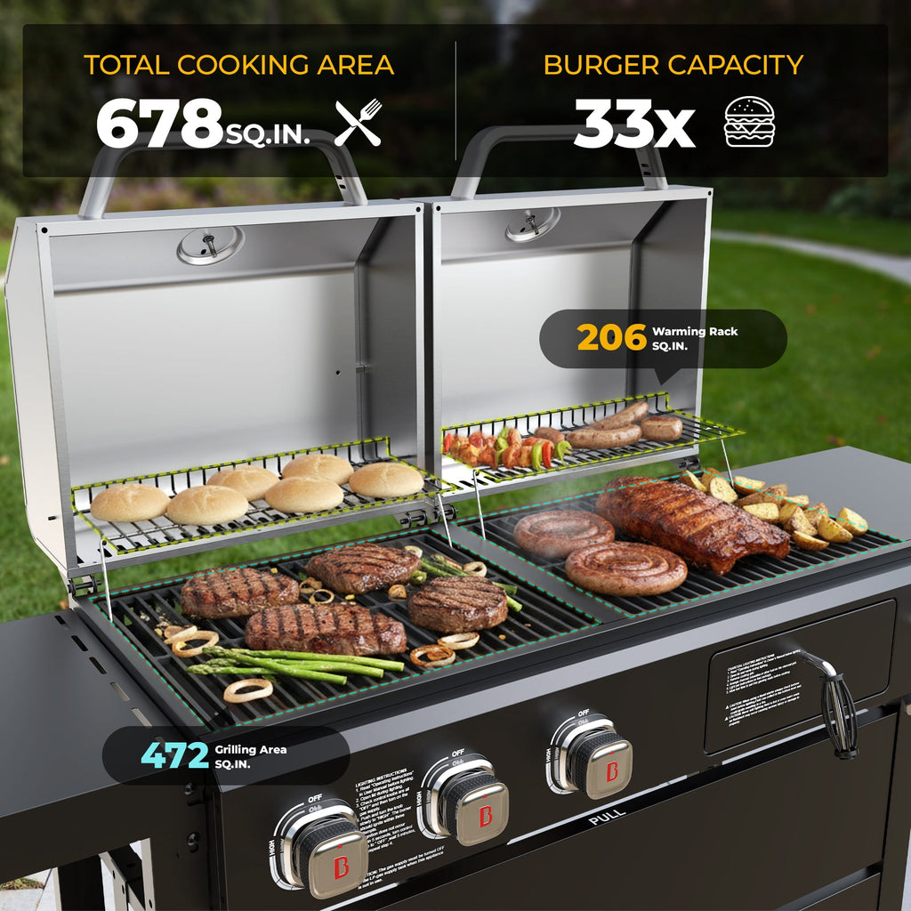 Flintex Propane Gas and Charcoal Grill Combo, Dual Fuel Outdoor BBQ Grill Stainless Steel Lids for Patio Garden Picnic Backyard Barbecue Cooking Gas Grills
