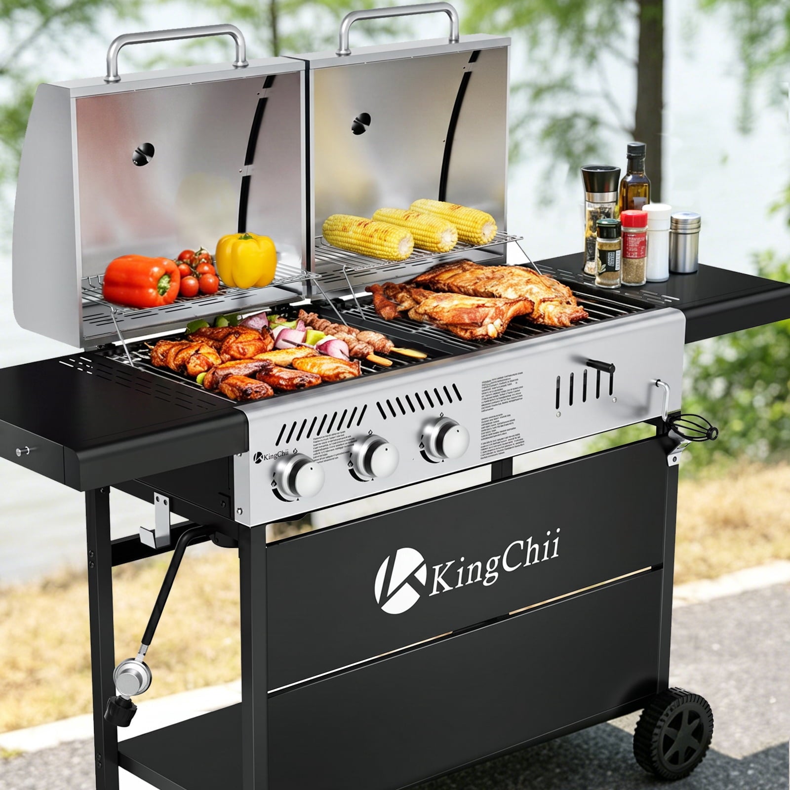 KingChii Gas and Charcoal Grill Combo, Dual Fuel 3-burner BBQ Grill Smoker with Side Burner for Outdoor Patio Cooking Barbecue Gas Grills
