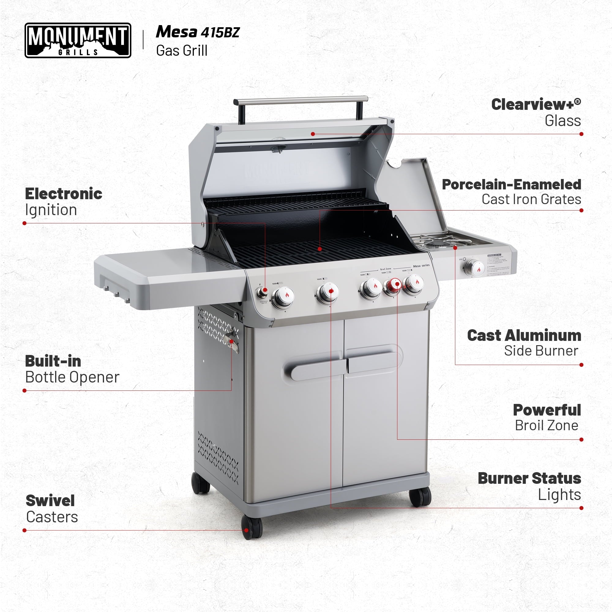 Monument Grills Mesa 4-Burner Stainless Steel Propane Gas Grill with Clear View Lid, Side Burner, LED Controls Monument Grills