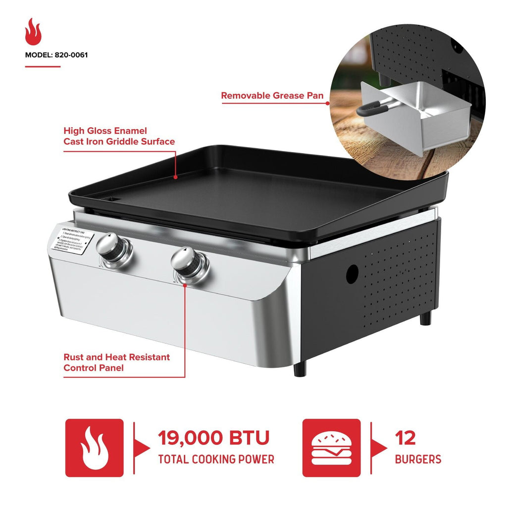 Nexgrill 2-Burner Propane Gas Tabletop Griddle, 19,000 BTUs, 323 SQ In, Stainless Steel Control Panel, Small Portable Propane Griddle for Outdoor Cooking, Camping, BBQs, and More - 820-0061 Nexgrill