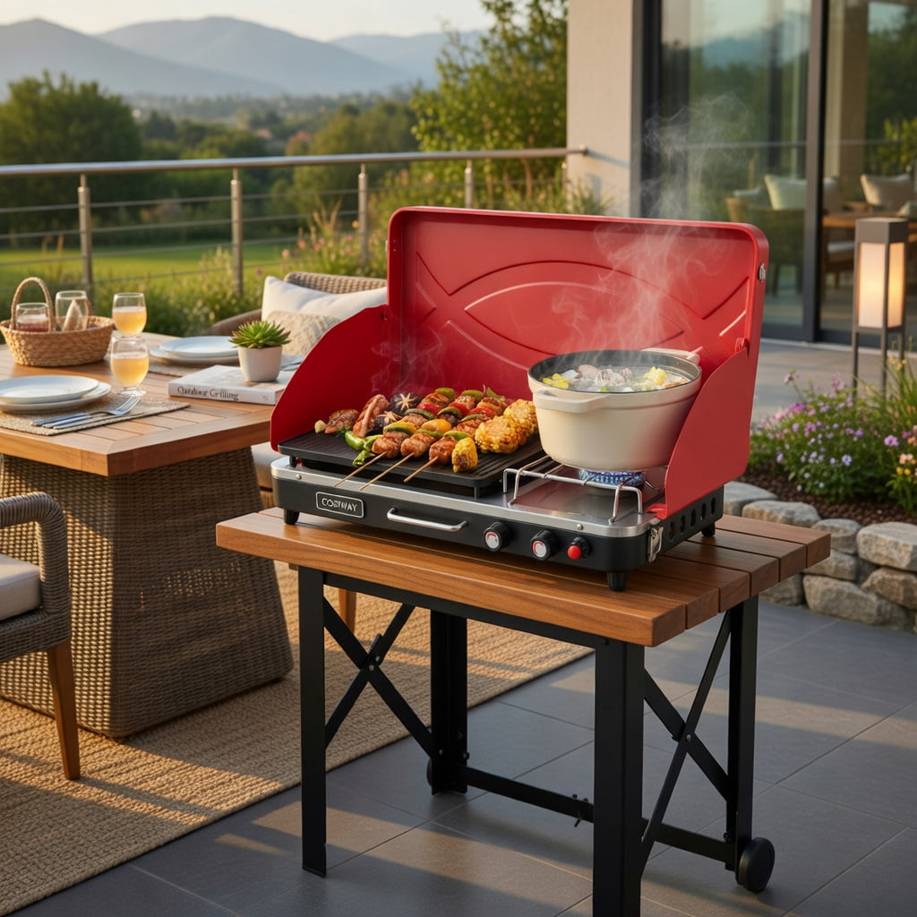 Resenkos Outdoor Barbecues Grill,2-in-1 Gas Camping Grill and Stove with 4 Detachable Legs-Red Resenkos