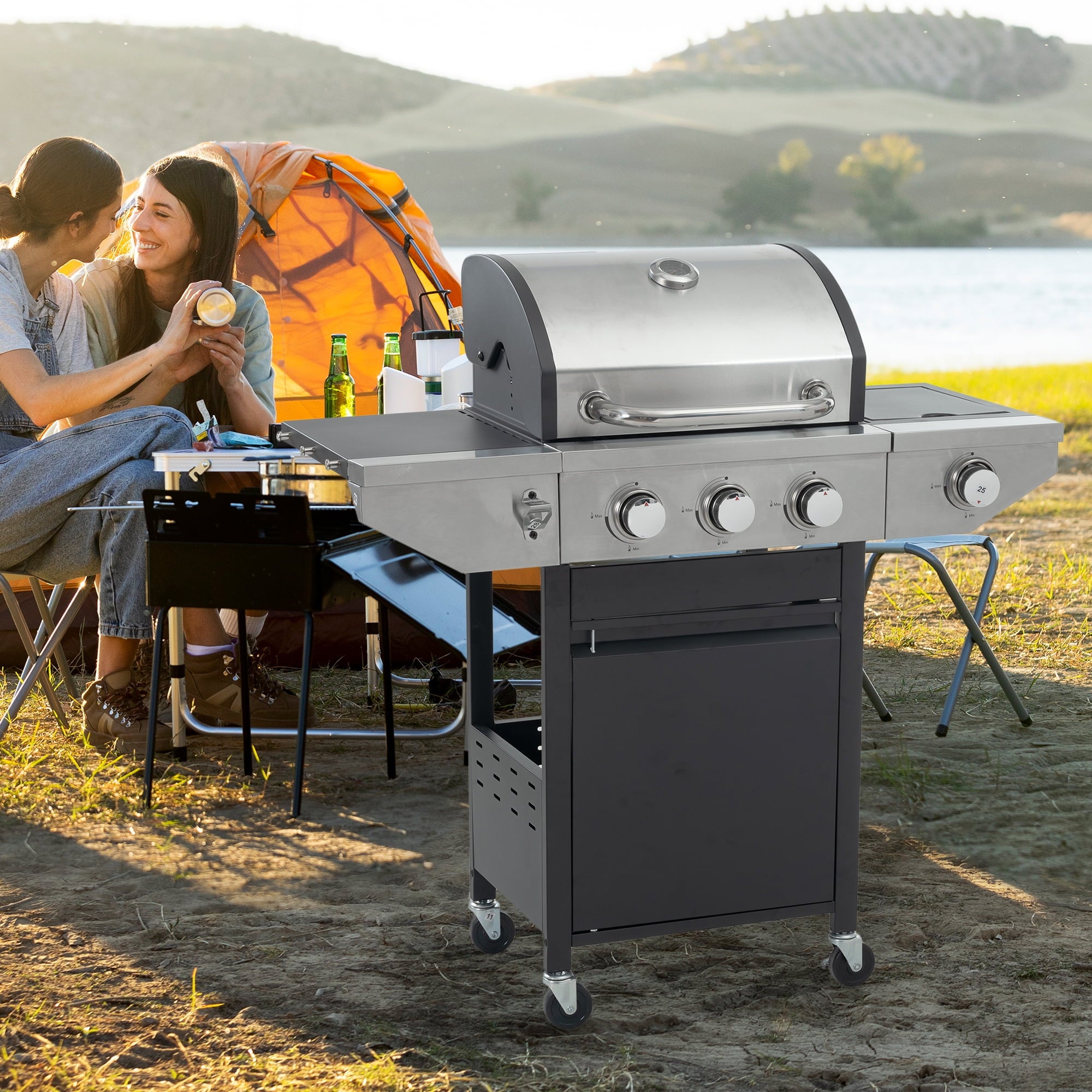 Propane Grill 3 Burner Stainless Steel BBQ Gas Grill with Side Burner, Thermometer, and Even Heating Cast Iron Grates for Outdoor BBQ and Camping wildskeeper