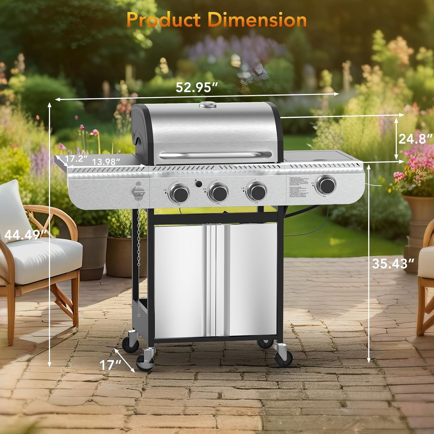 37000 BTU 3-Burner Propane Grill, Stainless Steel BBQ Grill with Side Burner & Porcelain-Enameled Cast Iron Grates for Outdoor Patio Camping WAA