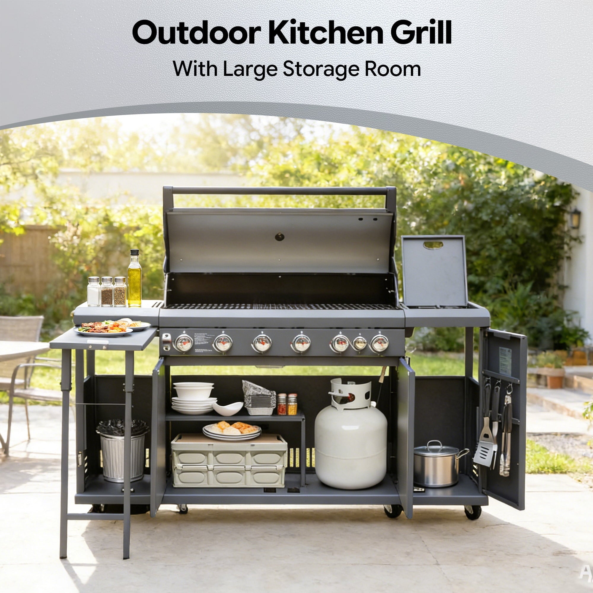 Brand Man 6-Burner Outdoor Gas Kitchen Grill Island with Side Burner, BBQ Station with Storage Cabinets and Fold-out Prep Table, LPG/NG Convertible Gas Grills