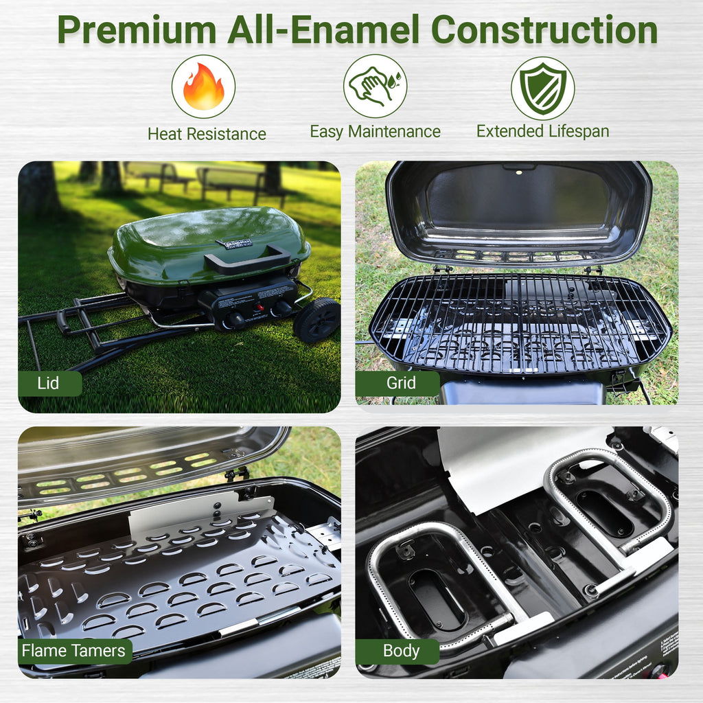 Brand Man Portable 2-Burner Camping Propane Gas Grill, Enameled Foldable BBQ with Griddle for Outdoor Cooking, Green Gas Grills