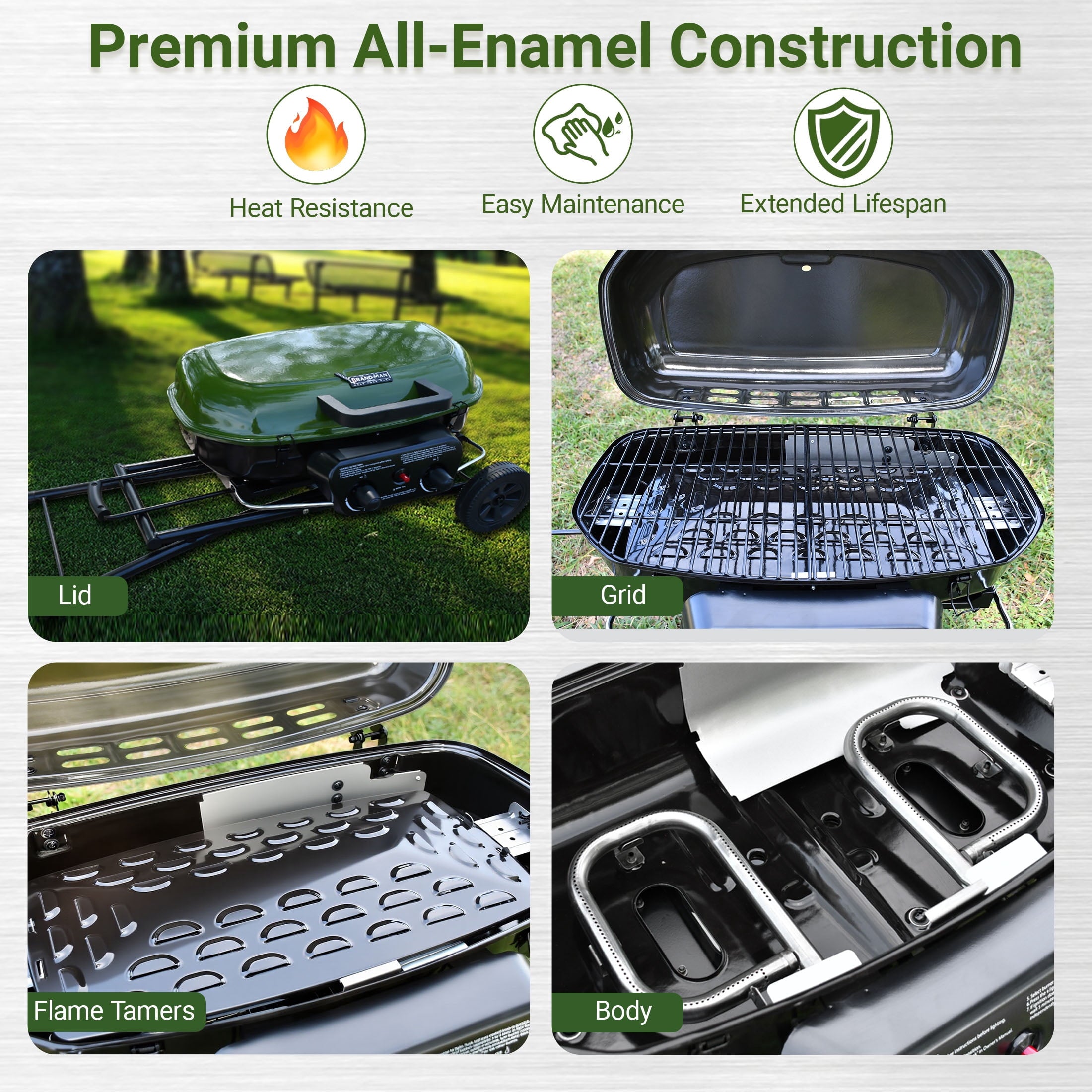 Brand Man Portable 2-Burner Camping Propane Gas Grill, Enameled Foldable BBQ with Griddle for Outdoor Cooking, Green Gas Grills