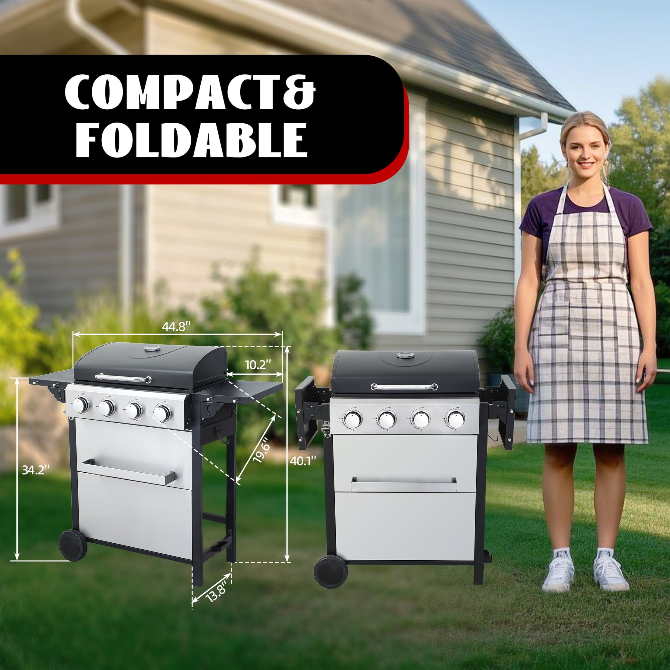 4-Burner Propane Gas Grill - 34,200 BTU BBQ Grill, Stainless Steel Control Panel, Easy Ignition, Temperature Gauge, 2 Enameled Cooking Grids for Backyard BBQ Gas Grills