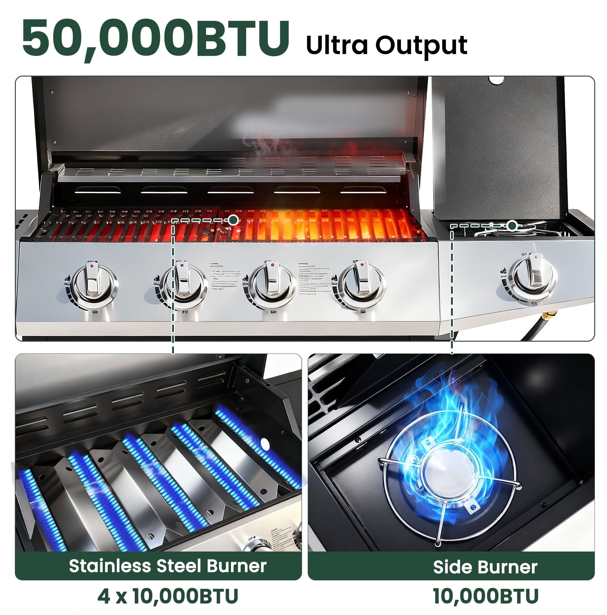 4-Burner BBQ Grill W/Side Burner, 50,000BTU Gas Propane Grill Portable with Storage Cabinet, Heavy-Duty Stainless Steel Outdoor Cooking, with Tank Hook, Towel Rack, Steel Brush Gas Grills