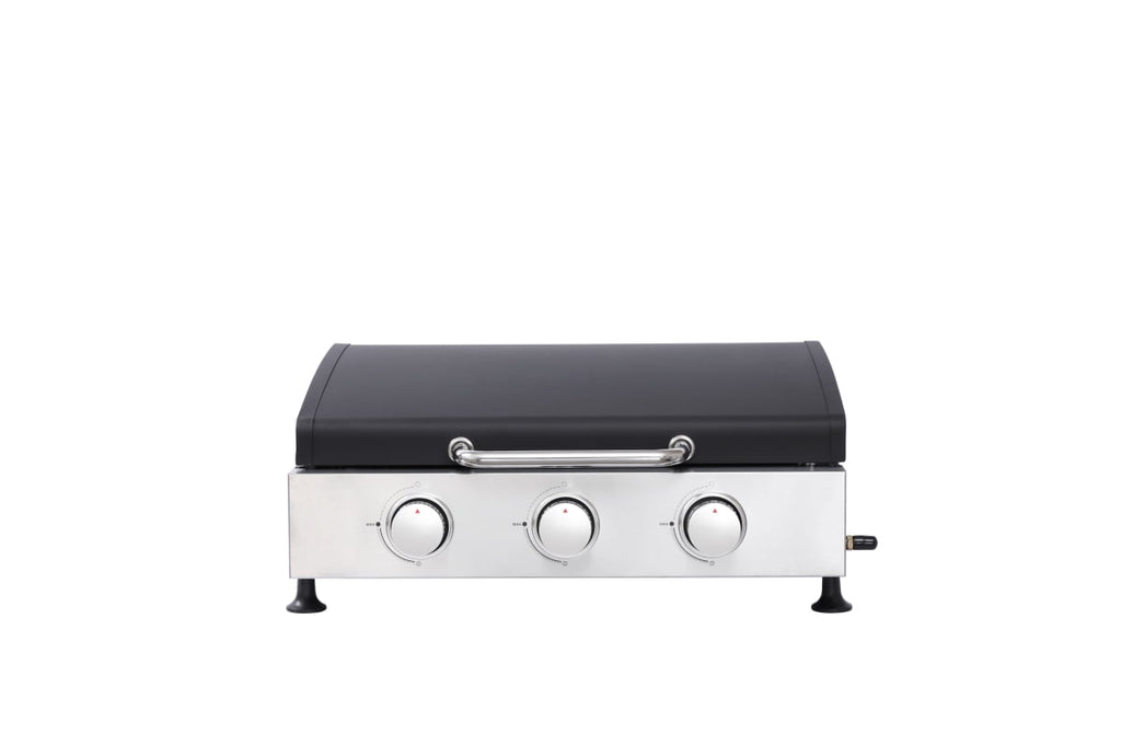 3 Burner Gas Grill - 28,650 BTU High-Powered, Stainless Steel with High-Temperature Enamel Coating, Multi-Function Teppanyaki & Grill, Cast Iron Grates, Pull-Out Oil Pan with Cups, Safe Ignition GORTES
