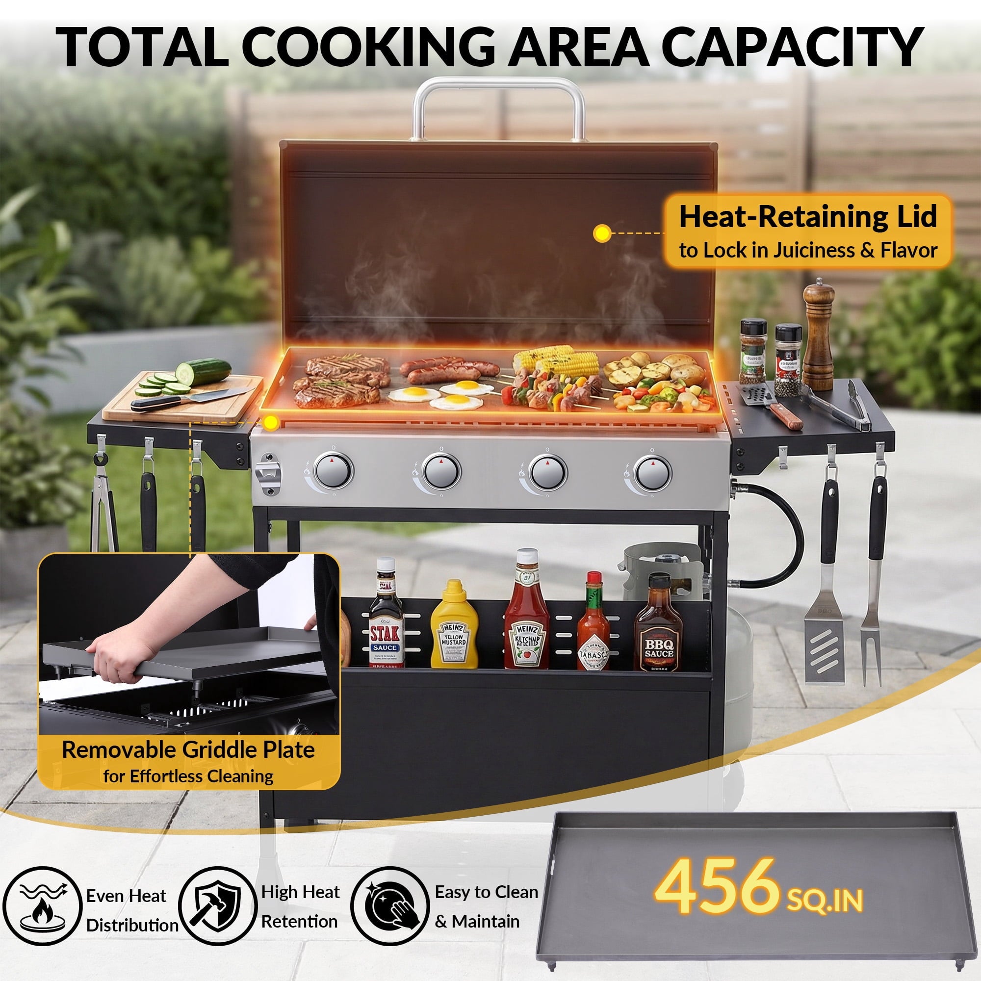 Magic Union 4-Burner Heavy Duty Rolling Flat Top Propane Gas Griddle, Portable Griddle on Cart with Hood & Foldable Side Shelves, 32000 BTU 455 sq.in, for Outdoor Cooking, Camping & Tailgating Gas Grills