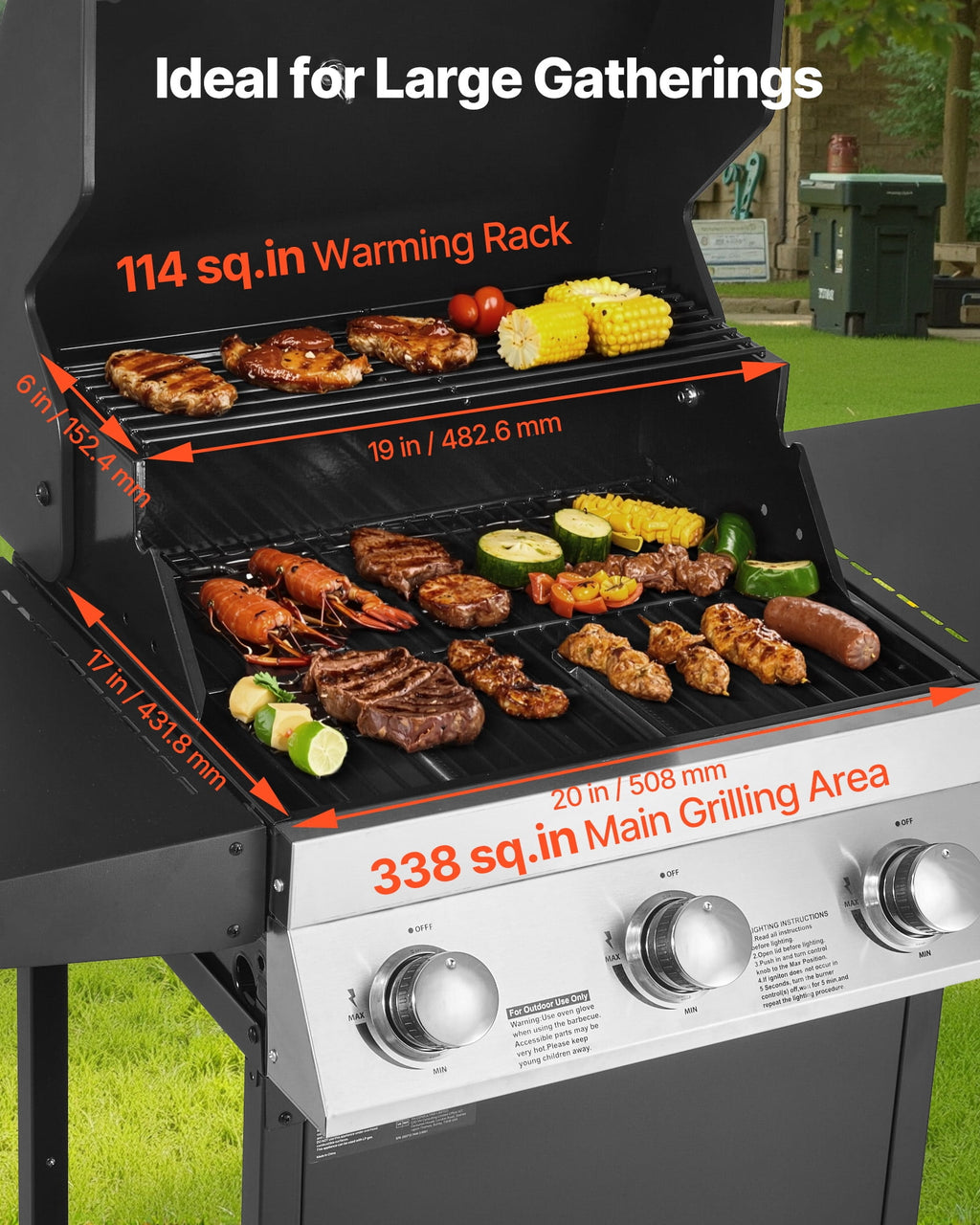 VEVOR Gas Grill, 3 Burner Propane Gas Grill with Spacious 338 SQ.In Grilling Area, Carbon Steel Enamel Grates, Outdoor 36,000 BTU Patio Garden BBQ Grills with Foldable Side Shelves, Carbon Steel VEVOR