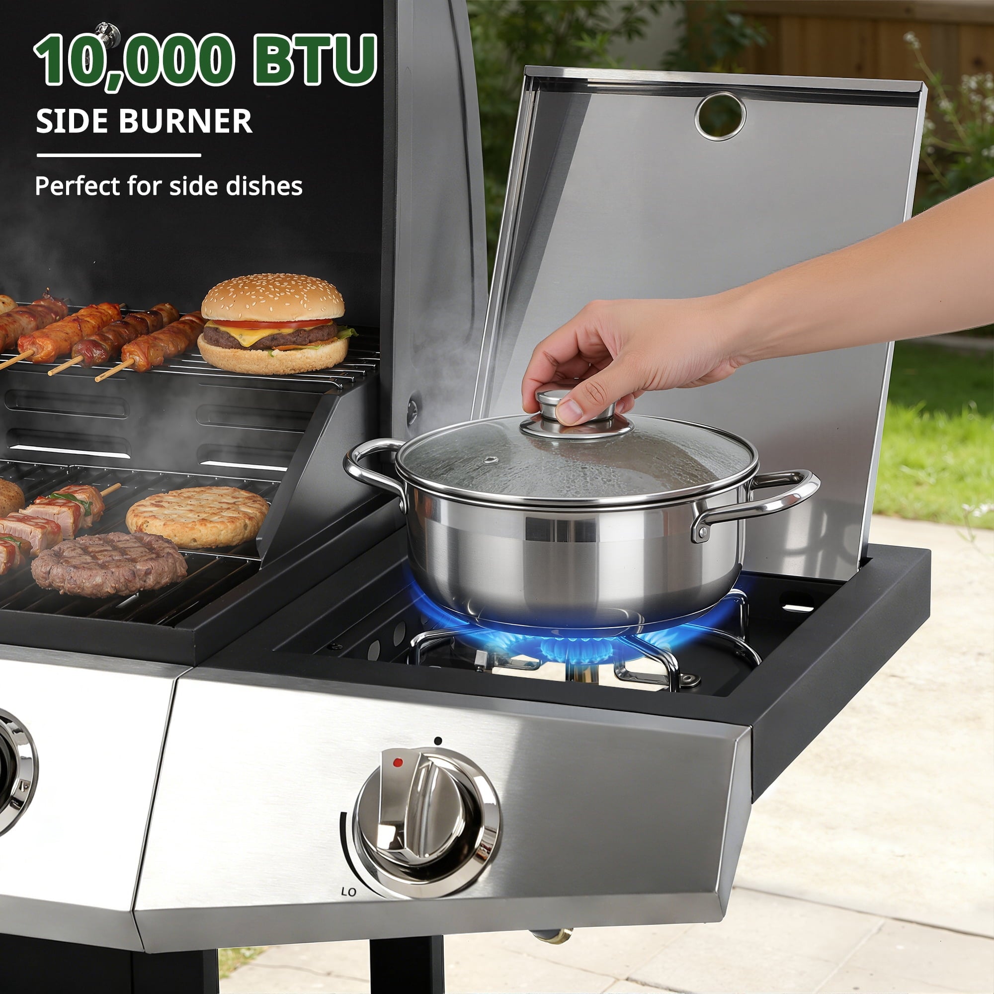 BBQ Grill, Seizeen Gas Grill with Side Burner, 40,000BTU 3-Burner Propane Grill w/Storage Cabinet, Steel Brush, Stainless Steel Camping for Backyard Patio, Portable Design on Wheels Gas Grills
