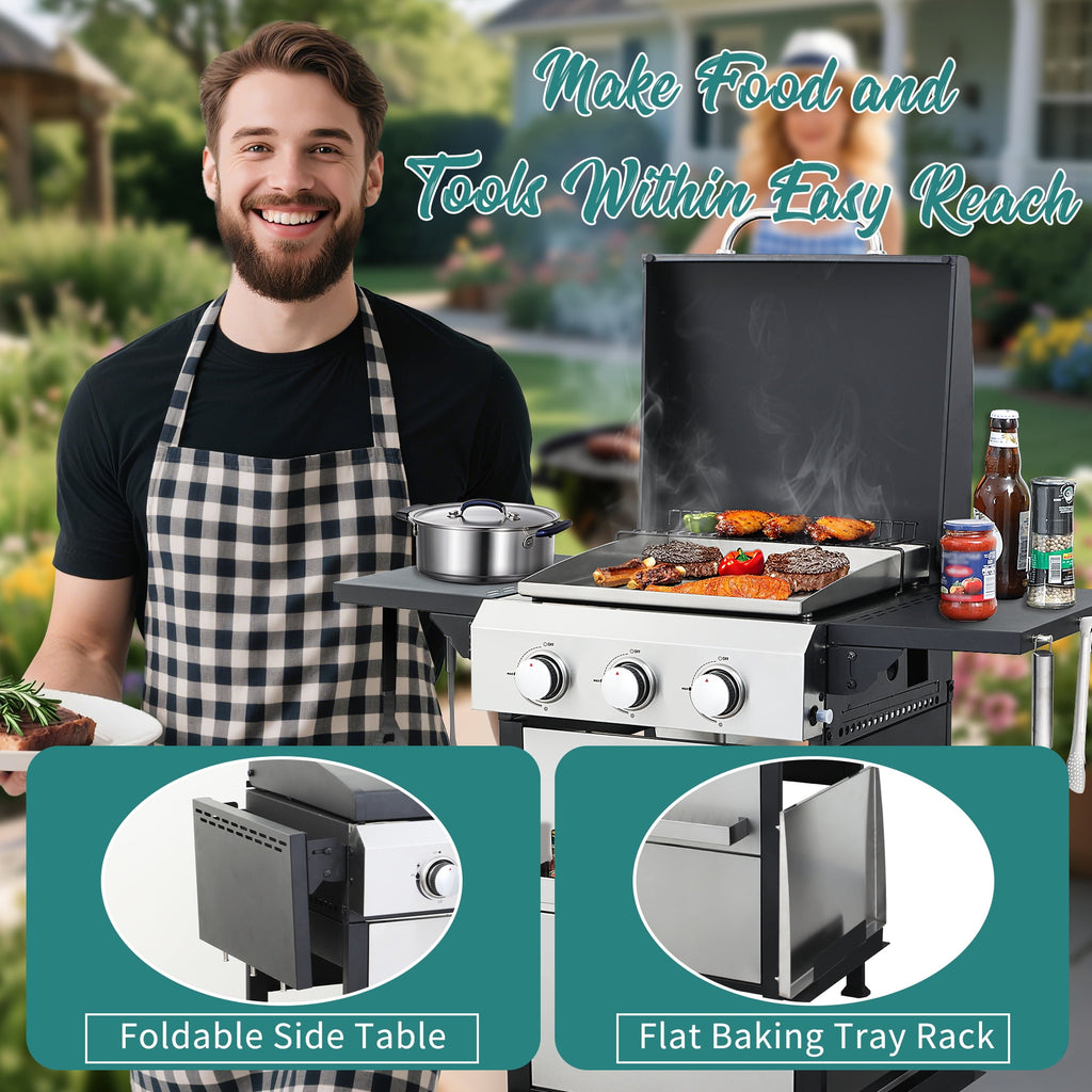 3-Burner Flattop Propane Gas Grill with Folding Side Table - 36,900 BTU Outdoor BBQ Grill with Wire Enamel Cooking Grid & Stainless Steel Griddle Combo for Backyard Nice Coker