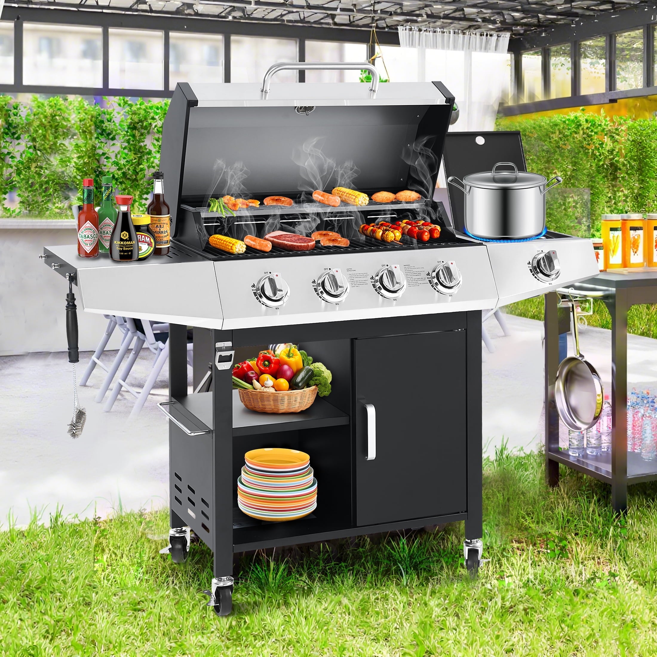 4-Burner BBQ Grill W/Side Burner, 50,000BTU Gas Propane Grill Portable with Storage Cabinet, Heavy-Duty Stainless Steel Outdoor Cooking, with Tank Hook, Towel Rack, Steel Brush Gas Grills