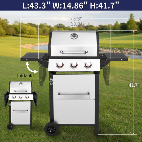 3-Burner Propane Gas Grill with 30,000 BTU Output - Double-layer Stainless Steel Grill Lid, Enamel Cooking Grate, Easy-Clean Grease Management & Even Heat Distribution for Perfect BBQs Born Free