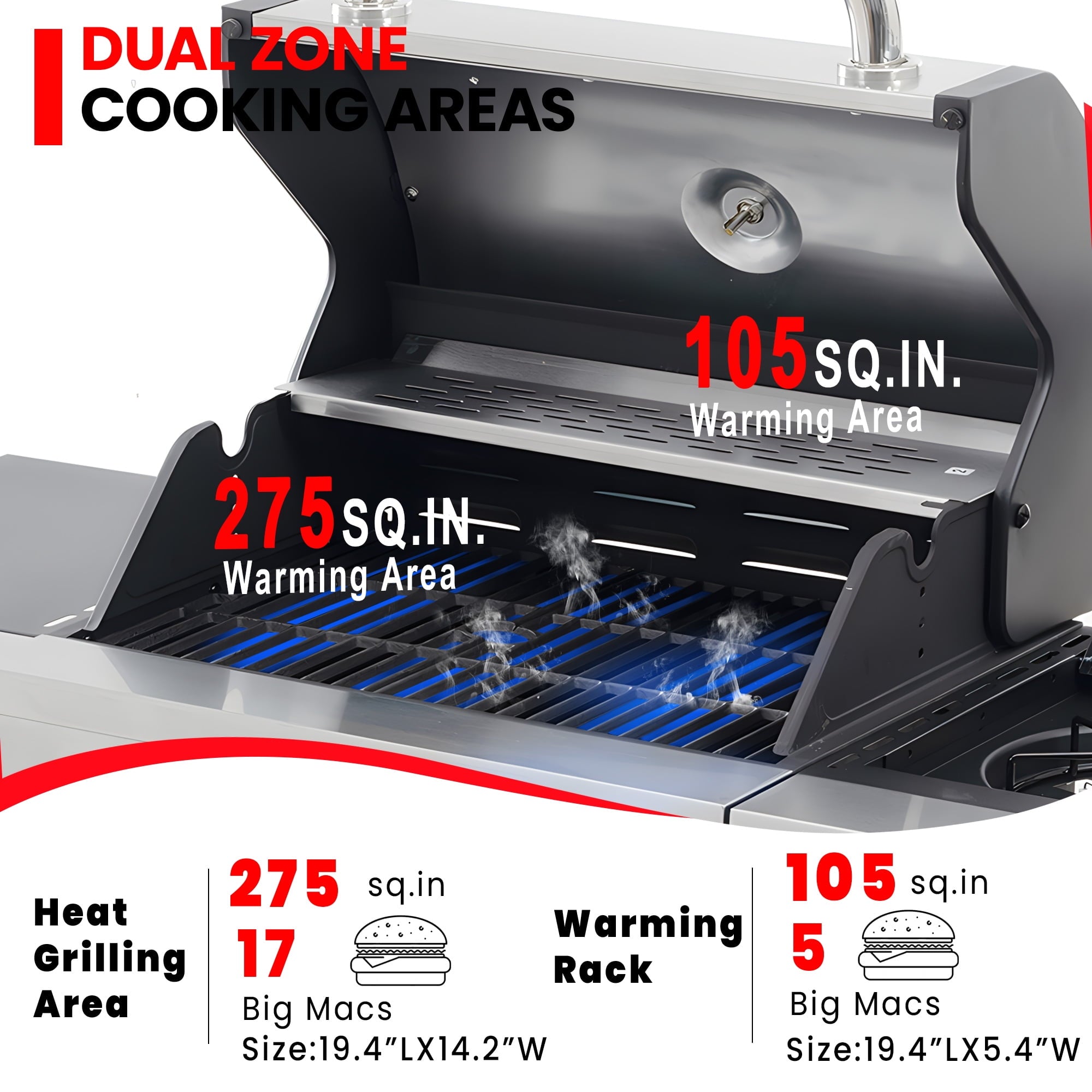 Seizeen Propane Gas Grill, 3 Burners BBQ Grill with Side Burner, Outdoor Camping Grill 430 Stainless Steel, 37150BTU, One-button Ignition System, Thermometer, 4 Wheels Gas Grills