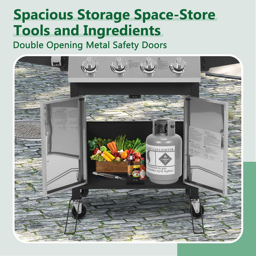 4-Burner Gas Grill with 4 Universal Wheels & Bottle Opener, 40000BTU Outdoor Grill with Side Table for Camping, Black & Sliver Gas Grills