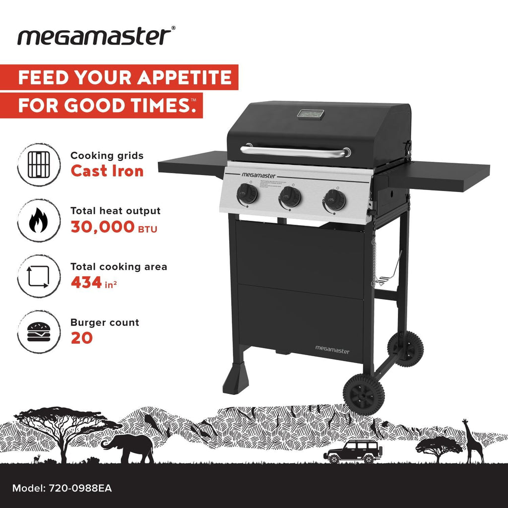 Megamaster 3-Burner Propane Gas Grill with Folding Side Tables, 30,000BTUs, 429.81 sq. in. Cooking Space, Stainless Steel Control Panel, Outdoor Kitchen Grill for BBQs, Patios, and More - 720-0988EA Megamaster