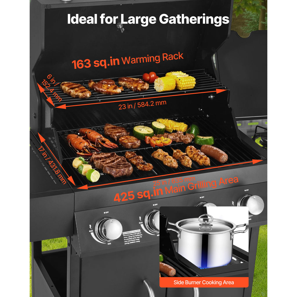 KFFKFF 4-Burner Propane Gas Grill with Side Burner, 425 SQ.In Cooking Surface, Carbon Steel Enamel Grates, Outdoor 52,000 BTU BBQ Grill with Dual Side Shelves, Durable Carbon Steel Construction KFFKFF