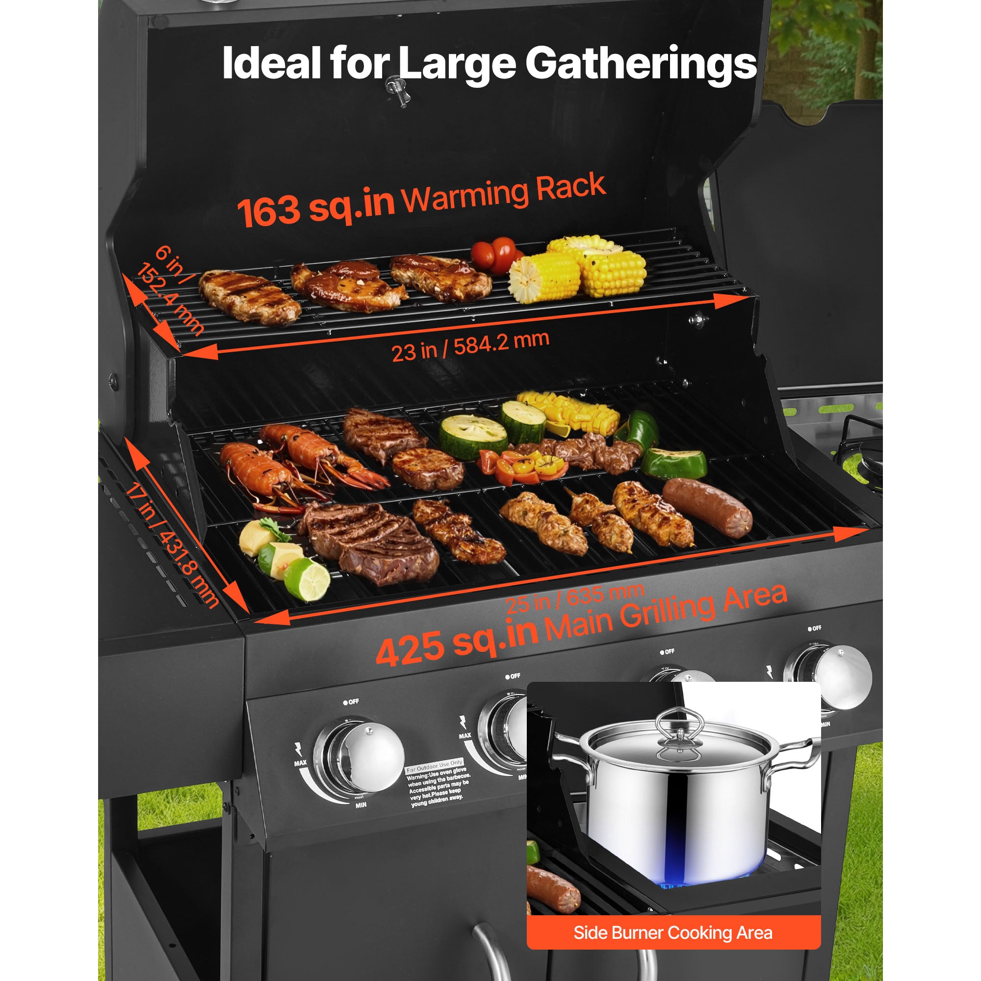 KFFKFF 4-Burner Propane Gas Grill with Side Burner, 425 SQ.In Cooking Surface, Carbon Steel Enamel Grates, Outdoor 52,000 BTU BBQ Grill with Dual Side Shelves, Durable Carbon Steel Construction KFFKFF