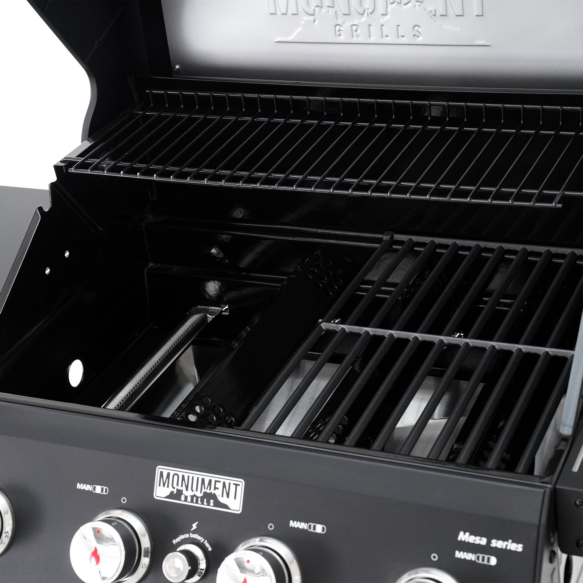 Monument Grills 4-Burner Liquid Propane Gas Grill, 38,000 BTU Stainless Steel Outdoor Barbecue Grill, Clearview Lid, Foldable Side Shelf, Easy Cleanup, M420MF Gas Grills