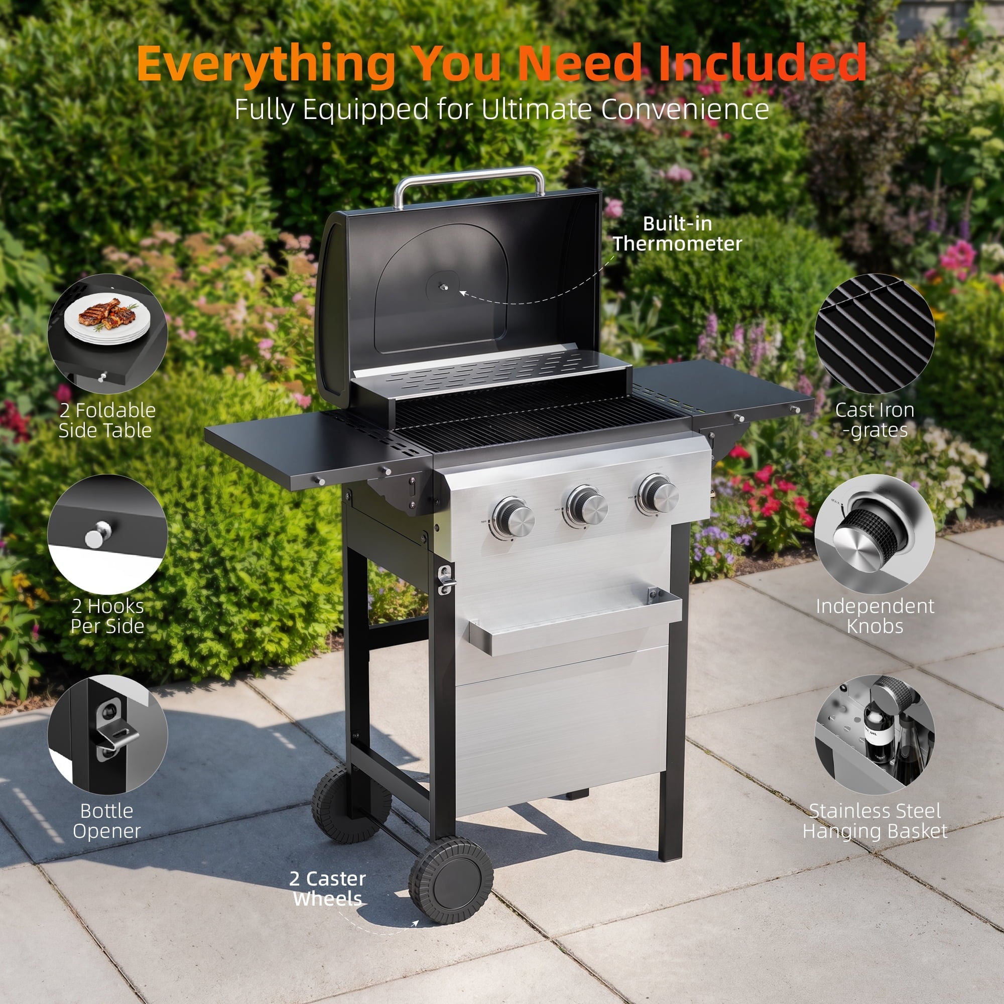 Biotree 3 Burner BBQ Propane Gas Grill, Stainless Steel 28,650 BTU Patio Garden Barbecue Grill with Two Foldable Shelves Gas Grills