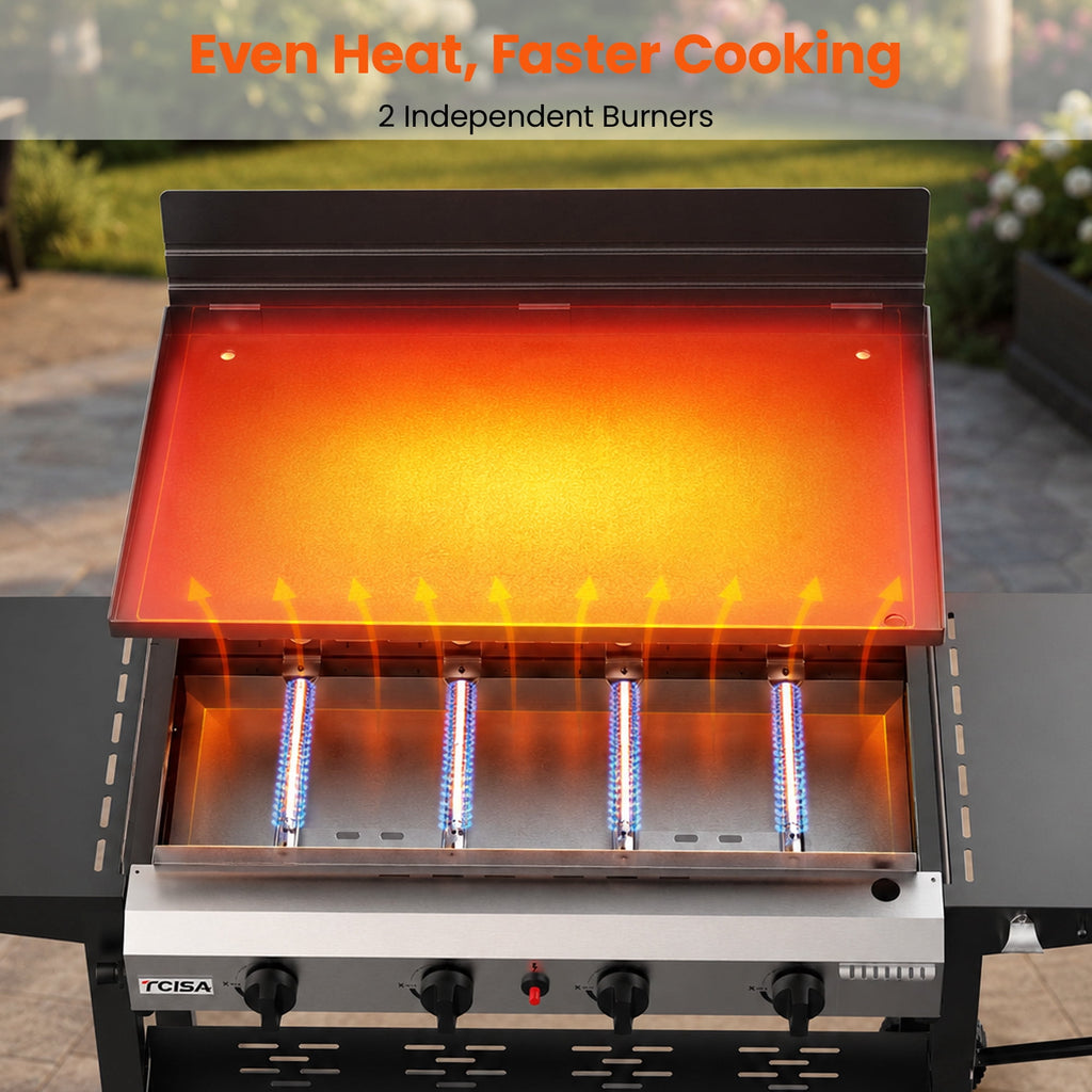 Tcisa 4 Burner Propane Gas Griddle with Standing Cart, Flat Top Grill with Hood for Camping, Tailgating, Backyard Gas Grills