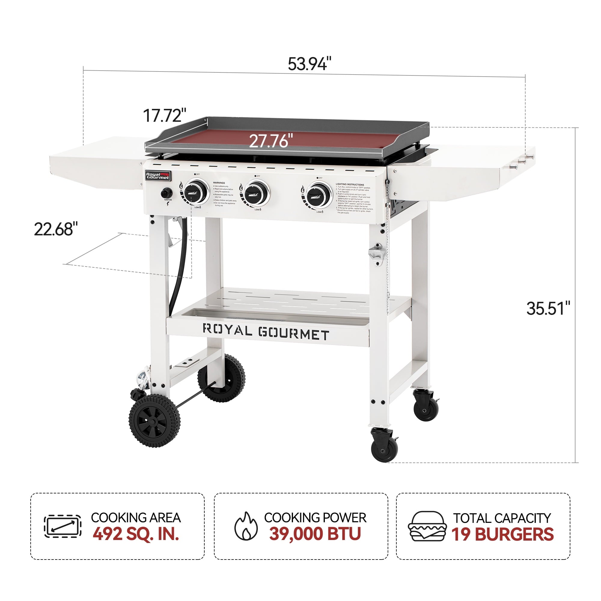 Royal Gourmet GB3000W 28-Inch 3-Burner Propane Gas Griddle in White, Griddle with Collapsible Side Shelves Royal Gourmet