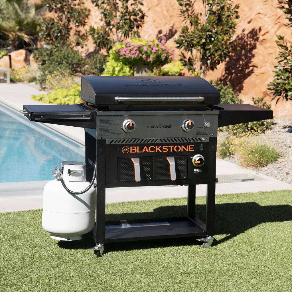 Blackstone Outdoor Combo Griddle, 28 Inch 2-Burner Flat Top Grill with Air Fryer and Hood, Black Gas Grills