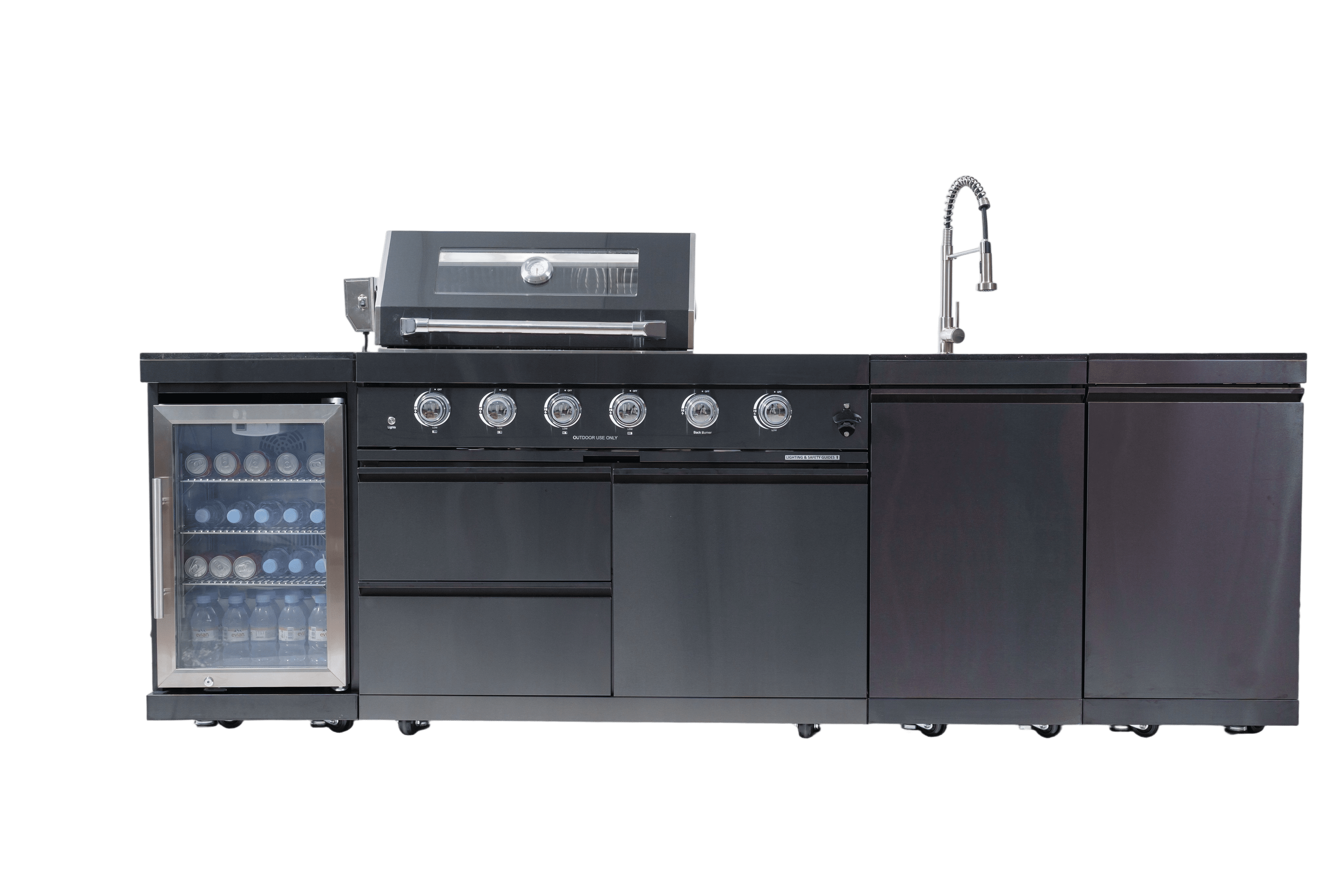 AirWire 104 Deluxe Outdoor Kitchen Island: 4-Burner 85,000 BTU 304 Stainless Steel Gas Grill with Sink, Wine Cooler Refrigerator, Granite Countertop & Rotisserie Kit HomeMindful