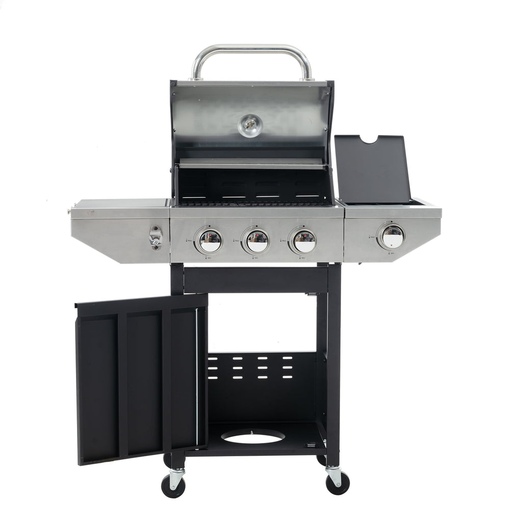 Propane Grill 3 Burner Stainless Steel BBQ Gas Grill with Side Burner, Thermometer, and Even Heating Cast Iron Grates for Outdoor BBQ and Camping wildskeeper