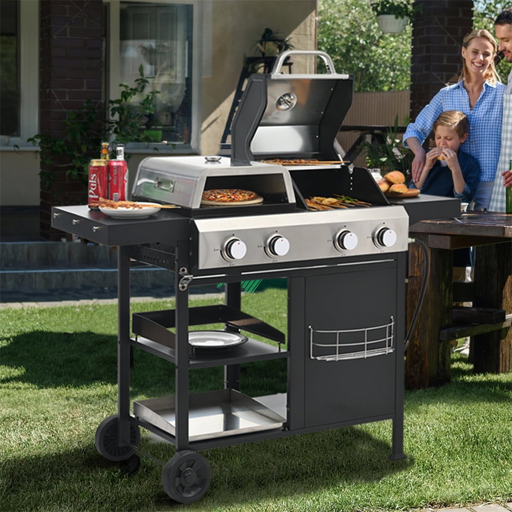 HighSound 4 Burner Propane Gas Grill & Griddle Combo BBQ Grill with Lid & Pizza Oven 49200 BTU, Flat Top Propane Grill Griddle Combo for Outdoor Cooking While Camping & Tailgating, Black Gas Grills
