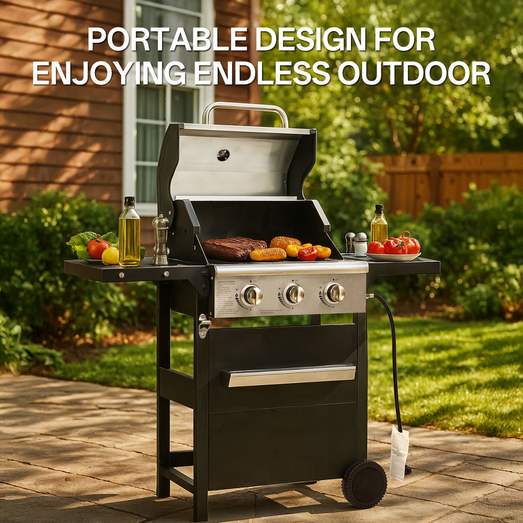 YIORTWO 3 Burner Propane Gas Grill with Cover, 27,000 BTU Outdoor BBQ with Stainless Steel Lid & Storage Cabinet, Portable for Patio & Camping Gas Grills