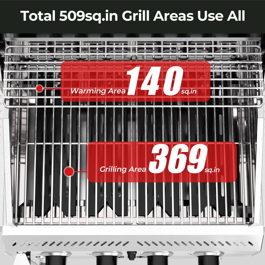 WAA 4-Burner BBQ Propane Gas Grill,32000 BTU Outside Stainless Steel Barbecue Propane Grill,Ideal for Outdoor Cooking Camping Park Balcony WAA