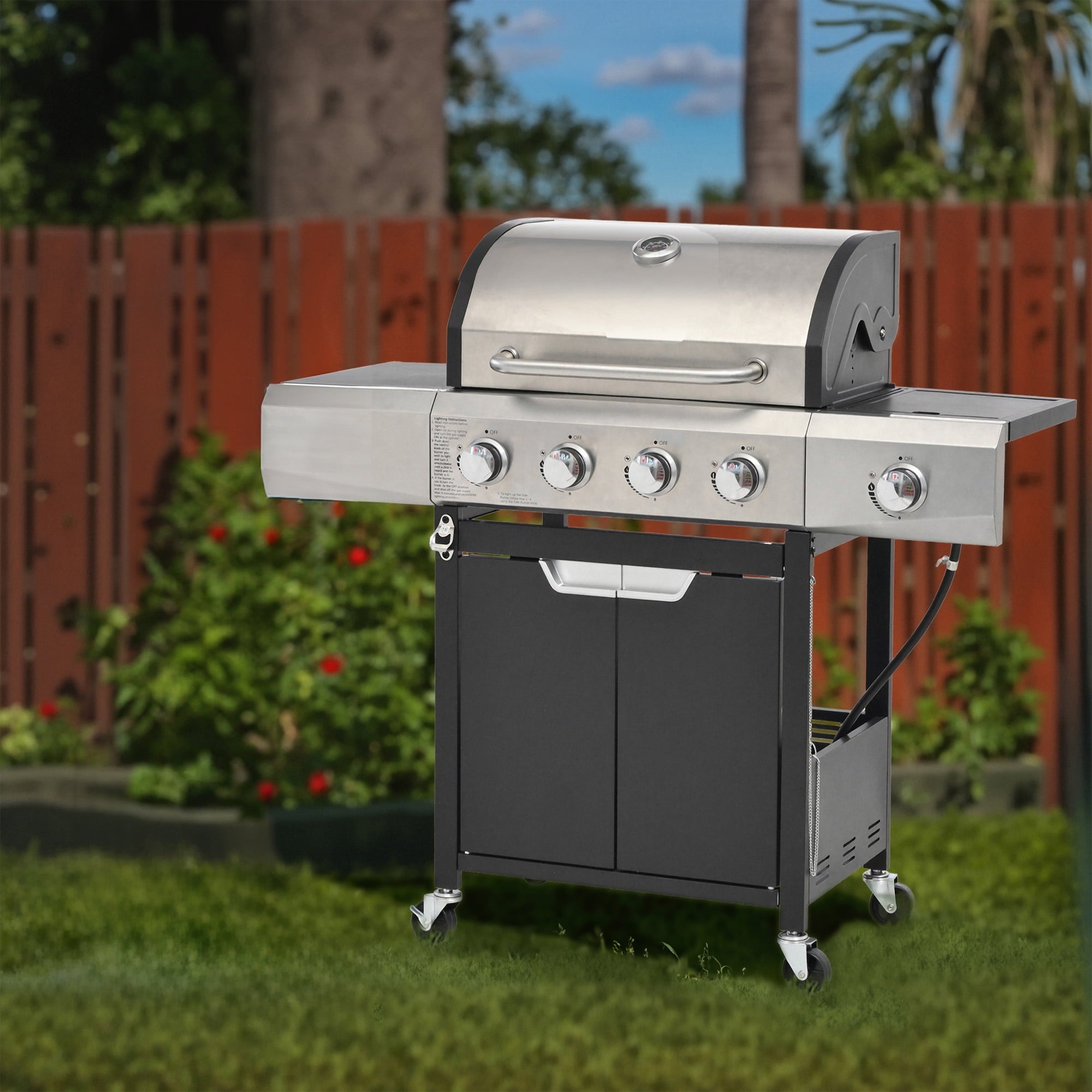 4 Burner BBQ Propane Gas Grill with Side Burner, Outdoor Stainless Steel 46790 BTU Patio Garden BBQ Grill with Lid, Wheels for Camping, Outdoor Cooking Gas Grills