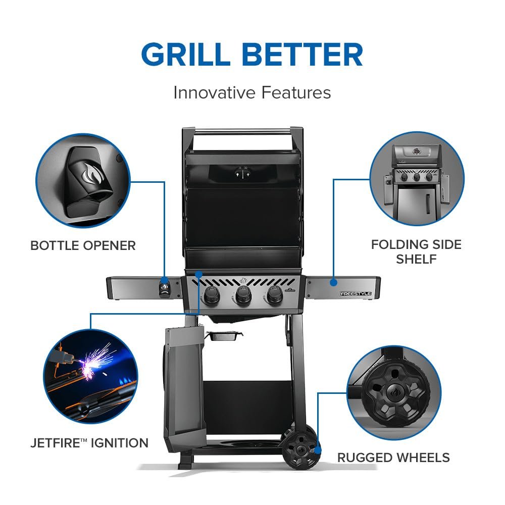Napoleon Freestyle 365 Natural Gas Outdoor Grill, Graphite Grey  3-Burner BBQ with Stainless Steel Cooking Grates Napoleon