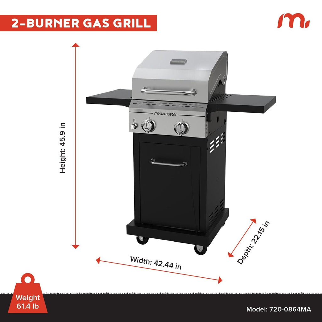 Megamaster Deluxe 2-Burner Gas Grill with Foldable Side Tables, 418 SQ In Cooking Space, 28000 BTUs, Stainless Steel Lid, Propane BBQ Grill for Outdoor Cooking, Patios, Backyards and More -720-0864MA Megamaster