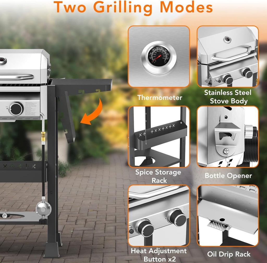 16000 BTU 2-Burner Propane Grill, Stainless Steel BBQ Grill with Cast Iron Frying Pan and Grates Combo, for Patio Backyard Outdoor Cooking WAA