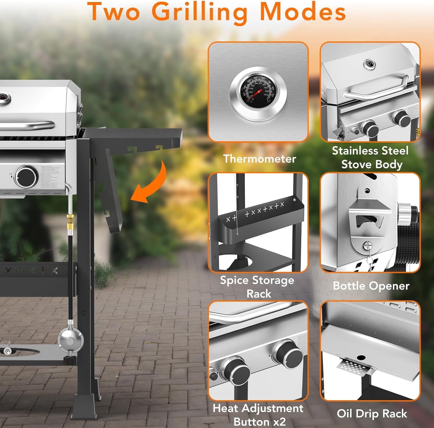 16000 BTU 2-Burner Propane Grill, Stainless Steel BBQ Grill with Cast Iron Frying Pan and Grates Combo, for Patio Backyard Outdoor Cooking WAA