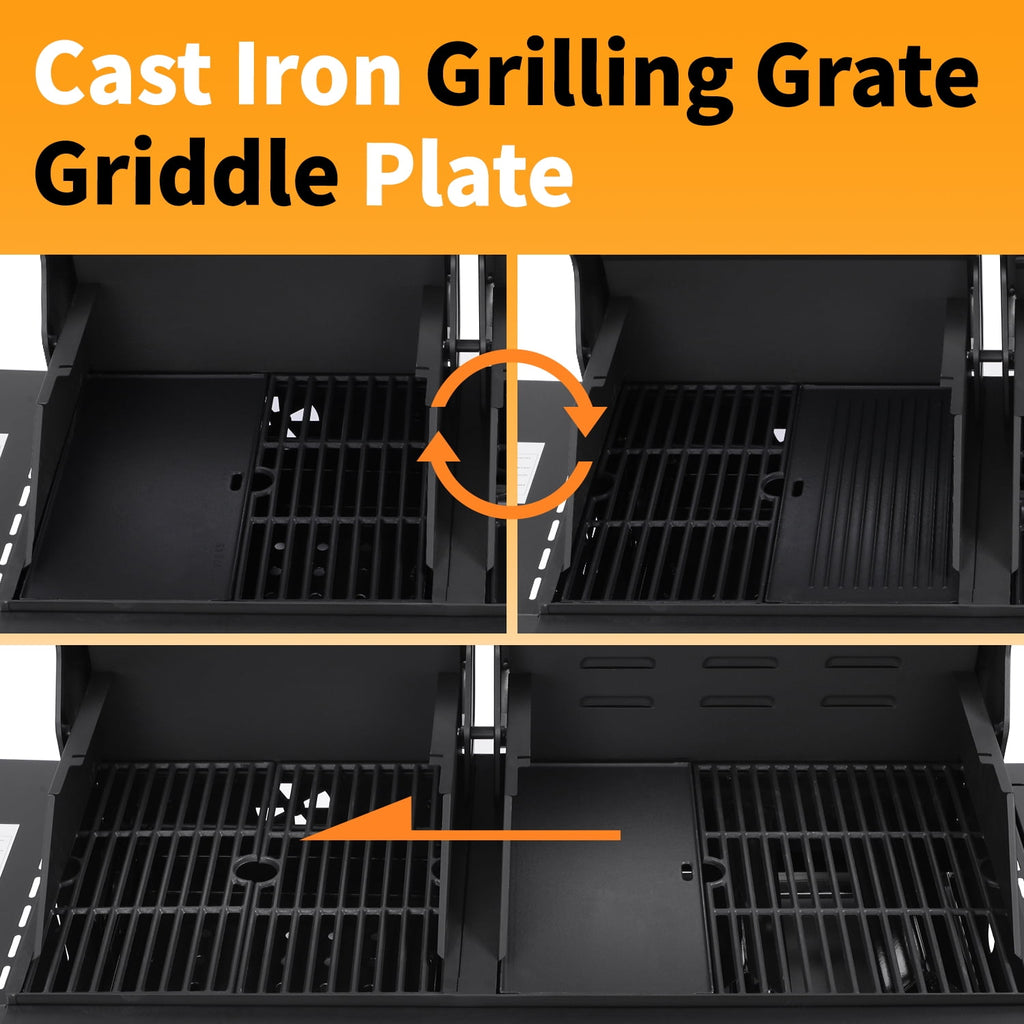 3 Burner Gas & Charcoal Combo Grill with Side Burner, Outdoor BBQ Propane Grill, 673 Sq. In. Cast Iron Grates & Reversible Griddle, 37200 BTU Stainless Steel Lid for Backyard Cooking Nice Cooker