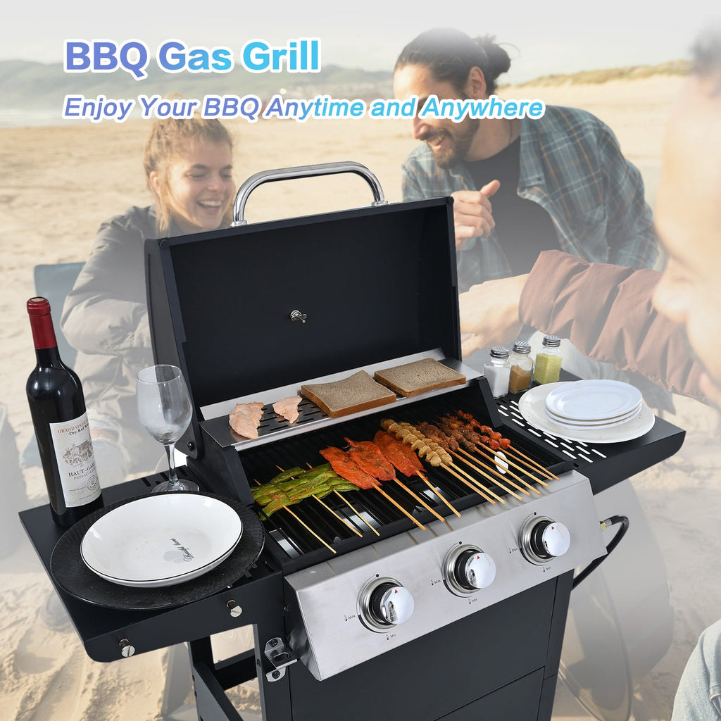 iCapeson 3-Burner Propane Gas Grill, 26,000 BTU Stainless Steel Outdoor BBQ Grill with 2 Side Shelves, Wheels, Thermometer & Bottle Opener for Patio, Garden, and Backyard Barbecue Gas Grills