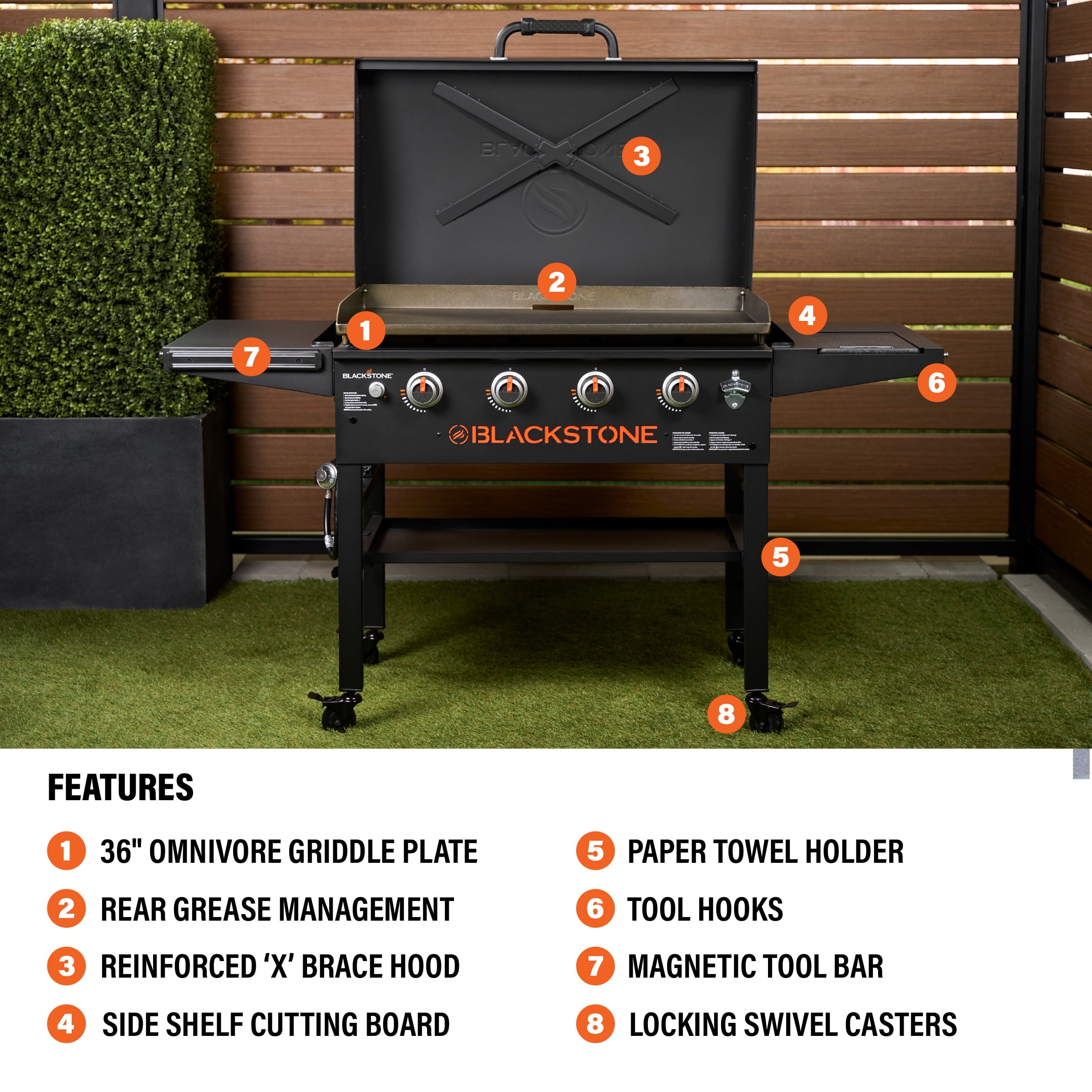 Blackstone Original Outdoor Griddle, 4-Burner 36 Propane Flat Top Grill with Hood, Black Blackstone