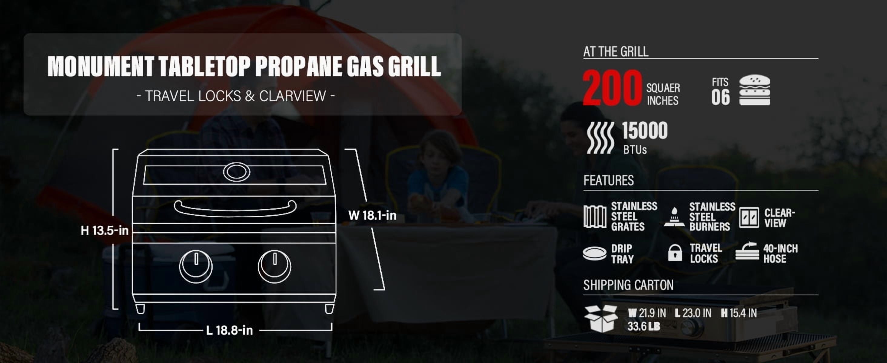 Monument Grills Portable 2-Burner Tabletop Propane Gas Grill with Locking Clearview Lid, Stainless Steel Monument Grills